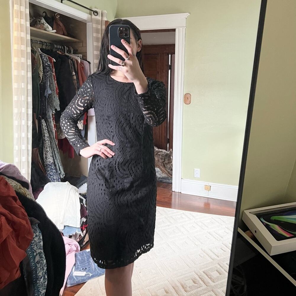 Boden black lace zeta dress shift long sleeve knee length office professional